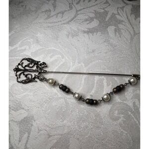 Mid Century Vintage Silver Tone Filigree Stick Pin Faux Pearl Dangle 5" Hat Pin